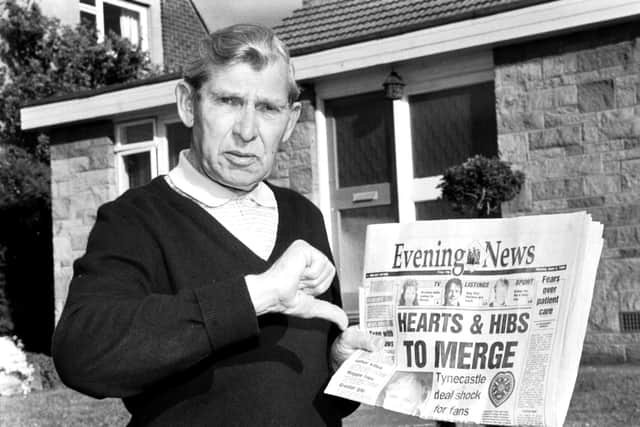 Hibs legend Eddie Turnbull gives the 'thumbs down' to Wallace Mercer's proposed Hearts & Hibs merger in June 1990.