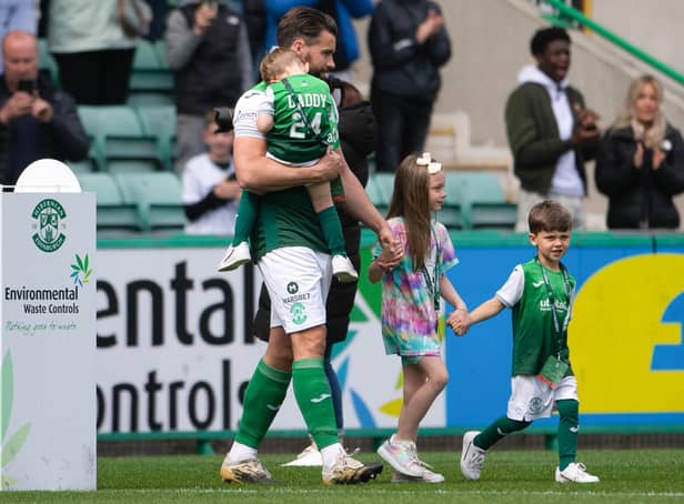 Darren McGregor with his children as he leads out Hibs as captain in the last game of the 2021/22 cinch Premiership. Picture: SNS