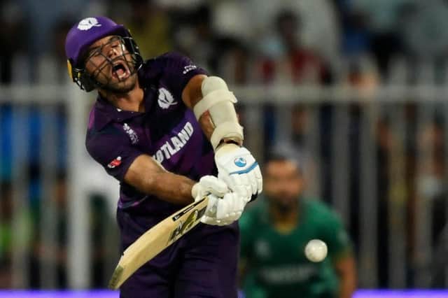 Scotland's captain Kyle Coetzer reacts after playing a shot during the ICC mens Twenty20 World Cup cricket match between Pakistan and Scotland. (Photo by AAMIR QURESHI/AFP via Getty Images)