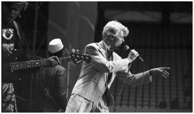 David Bowie on stage at Murrayfield stadium in Edinburgh, during the 'Serious Moonlight' tour, June 1983.