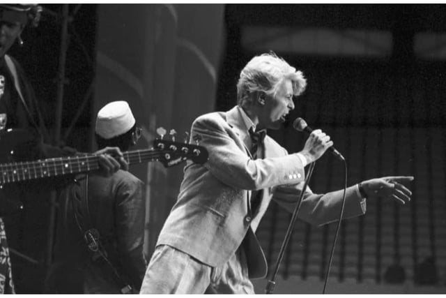 David Bowie on stage at Murrayfield stadium in Edinburgh, during the 'Serious Moonlight' tour, June 1983.