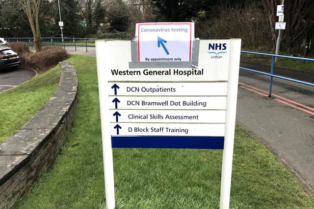 Signs for coronavirus testing at the Western General Hospital, Edinburgh.