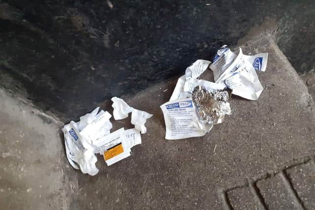 Left over packaging which is believed to be used by heroin users when consuming the substance