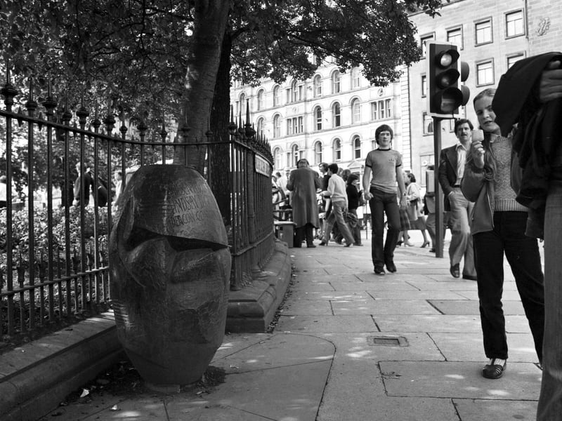 This public drinking fountain dedicated to Lindsay D Gumley at the corner of Waverley Bridge and Princes Street in Edinburgh, August 1980.