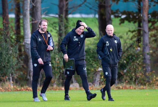 Hearts' coaching staff Robbie Neilson, Lee McCulloch and Gordon Forrest.