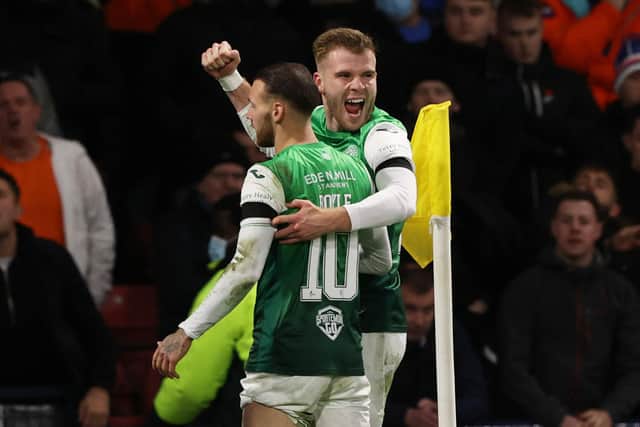Chris Cadden, right, celebrates with Martin Boyle after scoring a hat-trick against Rangers in the Premier Sports Cup semi-final. Picture: SNS