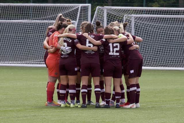 The Hearts players gather pre-match before getting their SWPL off to a winning start at Oriam. Picture: Chris McPherson