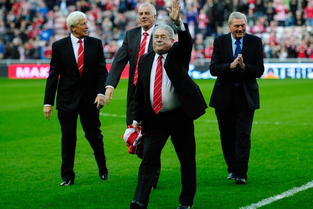 Bobby Kerr waves as the 1973 FA Cup-winning team walk out ahead of the Premier League match between Sunderland and Stoke City at the Stadium of Light on May 6, 2013.