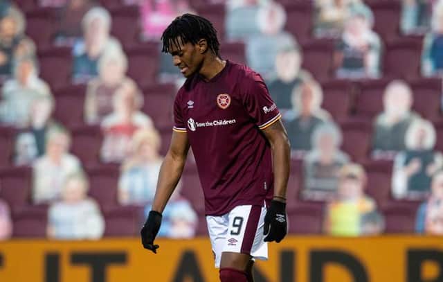 Armand Gnanduillet in action for Hearts during a Scottish Championship match between Hearts and Dunfermline Athletic at Tynecastle. (Photo by Ross MacDonald / SNS Group)
