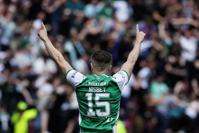 Kevin Nisbet celebrates his last goal for Hibs, in the 1-1 draw with Hearts