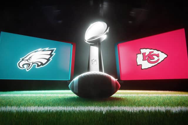Super Bowl LVII championship game on February 12, 2023 in Glendale, Arizona. Philadelphia Eagles vs. Kansas City Chiefs. Editorial 3D illustration
