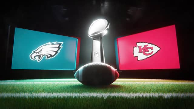 Super Bowl LVII championship game on February 12, 2023 in Glendale, Arizona. Philadelphia Eagles vs. Kansas City Chiefs. Editorial 3D illustration