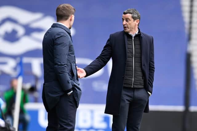 Rangers manager Steven Gerrard and Hibs head coach Jack Ross during the match at Ibrox on Sunday (Photo by Rob Casey / SNS Group)