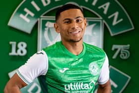 Demetri Mitchell is all smiles after signing for Hibs from Blackpool on a permanent deal. Picture: Contributed