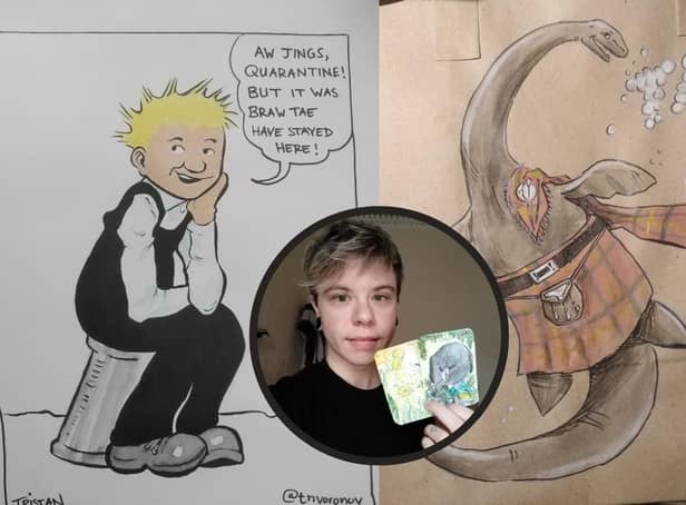 Tristan pictured with some of his drawings for the hotel staff either side.