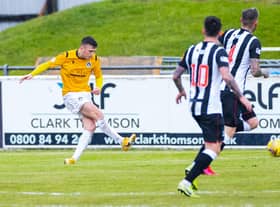Josh Campbell scores to give Edinburgh City a 1-0 lead over Elgin in the promotion play-off first leg (Photo by Roddy Scott / SNS Group)