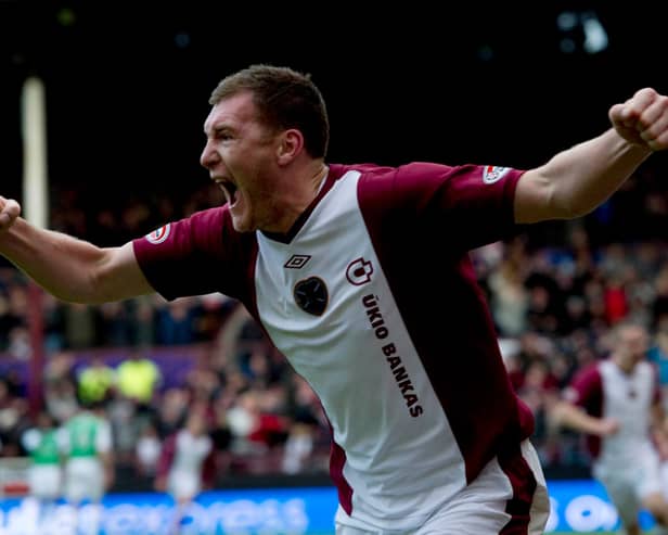 Kevin Kyle celebrates after scoring the winning goal against Hibs on New Year's Day, 2011. Picture: SNS