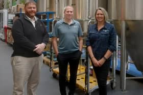 Owen Thompson MP with Steve and Jo Stewart at Stewart Brewing in Loanhead.