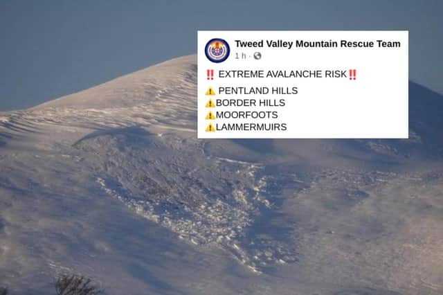Mountain rescue team issue 'extreme' avalanche warning for hills in southern Scotland. This picture was taken following an avalanche at Turnhouse Hill in January this year picture: supplied