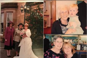 Susan with her mother, Mary and grandmother, also called Mary, at her wedding in 2001 (left). The photos on the right shows Susan and her mother and Susan's daughter, Jennifer, with her grandmother at her diamond wedding in 2008.