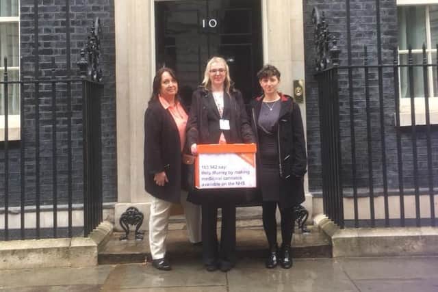 Christine Jardine and Karen Gray joined Rachel Diamond-Hunter of 38 Degrees in presenting a petition in Downing Street ahead of the legalisation of medicinal cannabis in 2018.