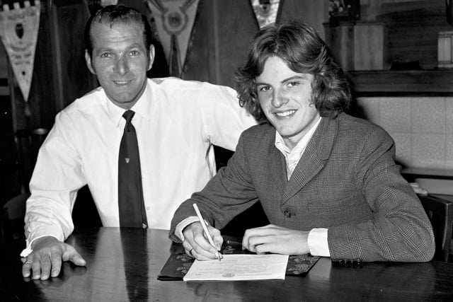 Footballer Thomas Stevens leaves Longstone Hearts to sign for Hibs in October 1970. He is pictured with Hibernian trainer Tom McNiven. Stevens stayed at Easter Road until 1974, making just one appearance for the Hi-bees, when he joined Hamilton Academicals. He also went on to play for Berwick Rangers, East Fife and Forfar before managing Edinburgh City and Cowdenbeath.