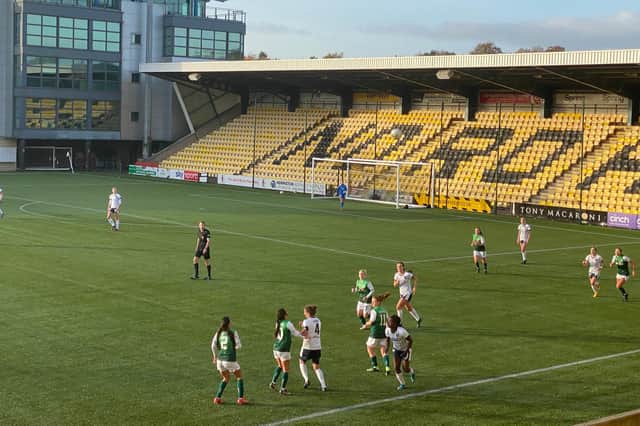 Action from the SWPL clash between Hibs Women and Glasgow City