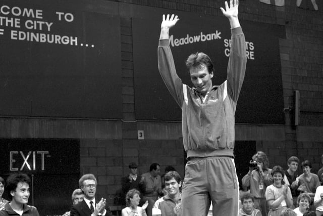 English athlete Steve Baddeley celebrates after winning the Men's singles badminton in the 1986 Commonwealth Games.