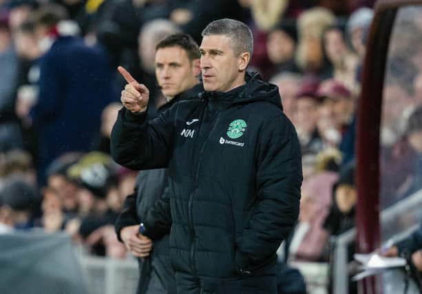 Hibs manager Nick Montgomery during the 1-1 draw with Hearts at Tynecastle.