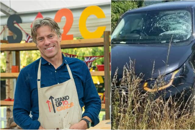 John Bishop, left, and right,  his car after it left the road following a crash. (Image: John Bishop/Instagram)