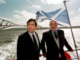 Gordon Brown and Sir Sean Connery took a boat trip to Rosyth when the devolution campaign restarted after Princess Diana's funeral (Picture: Denis Straughan)