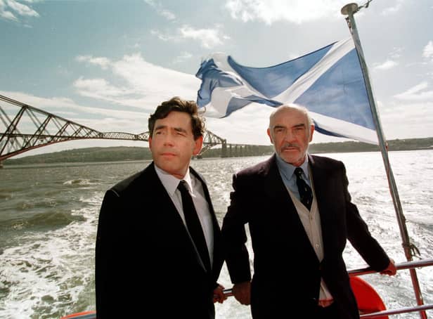 Gordon Brown and Sir Sean Connery took a boat trip to Rosyth when the devolution campaign restarted after Princess Diana's funeral (Picture: Denis Straughan)