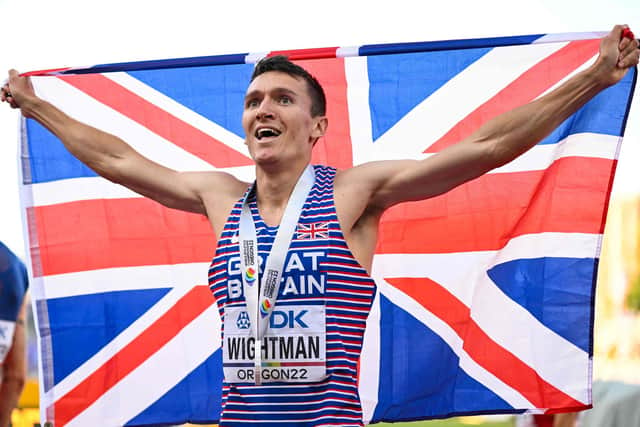 Edinburgh's Jake Wightman celebrates with his medal after winning the men's 1500m final at the World Athletics Championships at Hayward Field in Eugene, Oregon. Picture: Jewel Samad / Getty