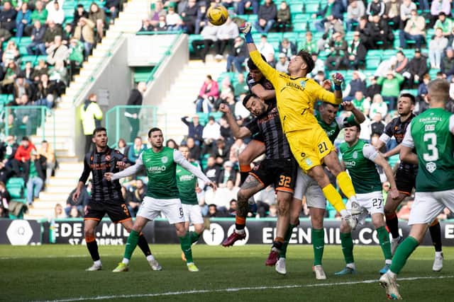 Kevin Dabrowski punches the ball clear during Hibs' 1-1 draw with Dundee United at Easter Road. Picture: SNS