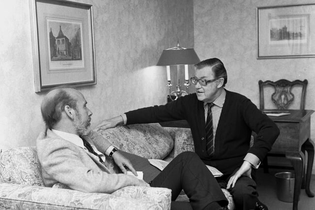 Television journalist and travel documentary maker Alan Whicker in Edinburgh with Evening News journalist John Gibson in September 1985.