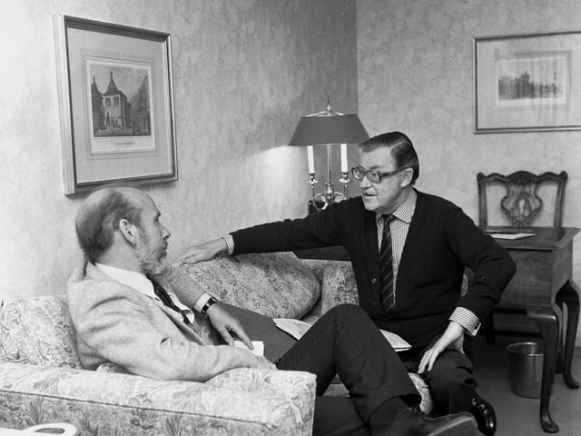 Television journalist and travel documentary maker Alan Whicker in Edinburgh with Evening News journalist John Gibson in September 1985.