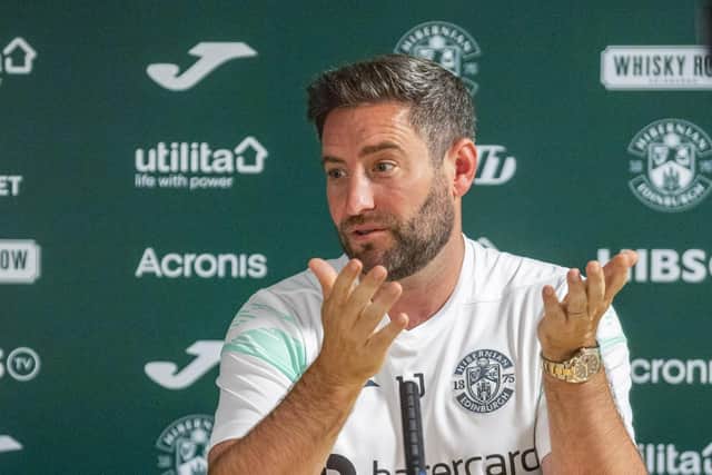 Hibs manager Lee Johnson speaking to the media at the Hibernian Training Centre. Picture:  Rob Casey / SNS