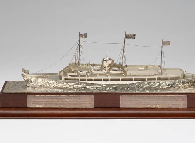 A silver model of HMY Britannia produced by Garrard & Co and presented to the Queen and Prince Philip by Lloyd’s Register of Shipping in 1972
