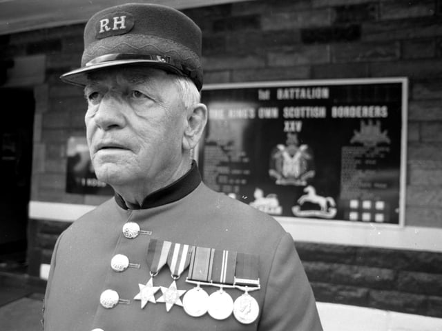 72-year-old 'Bud' Flanagan was the only Chelsea Pensioner on parade with the King's Own Scottish Borderers regiment in Edinburgh during their their 300th anniversary celebrations in August 1989.