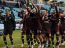 Hearts players celebrate after beating Hibs at Easter Road in the Scottish Cup back in January. Picture: SNS