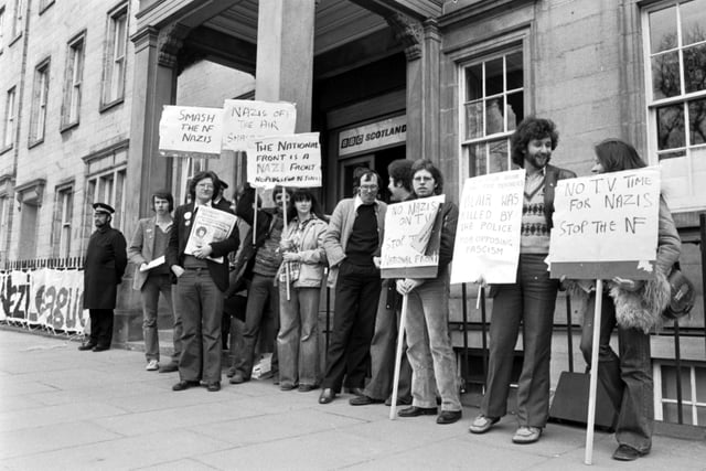 The Anti-Nazi League hold a demonstration outside BBC Scotland in Queen Street in April 1979, protesting against giving the National Front air-time and referring to the death of anti-fascism campaigner Blair Peach earlier that year.