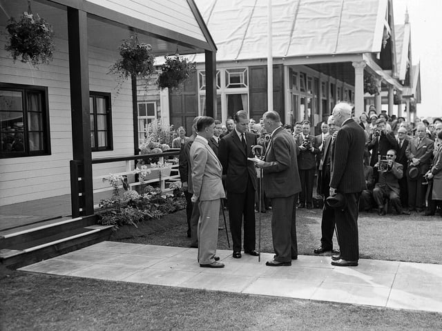 The Duke of Edinburgh receives a shepherds crook during his visit to the Royal Highland Show held in Edinburgh in 1955.