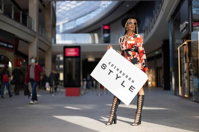 Model poses in Edinburgh's St James Quarter, which is set to host its first fashion festival this month.