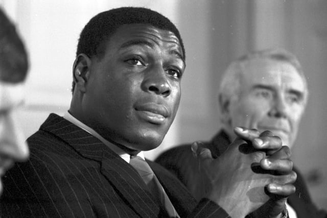 British heavyweight boxer Frank Bruno holds a press conference in Edinburgh in July 1986.