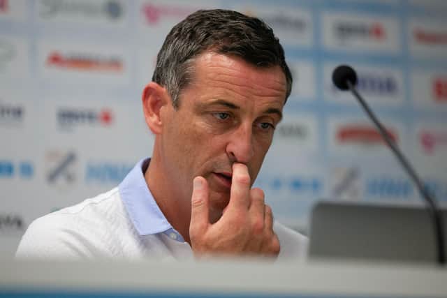 Hibs manager Jack Ross during his post-match press conferenece in Rijeka. Photo by Nikola Krstic / SNS Group
