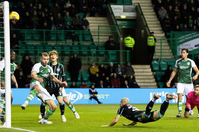Daizen Maeda goes close with a diving header in the first half of Hibs v Celtic