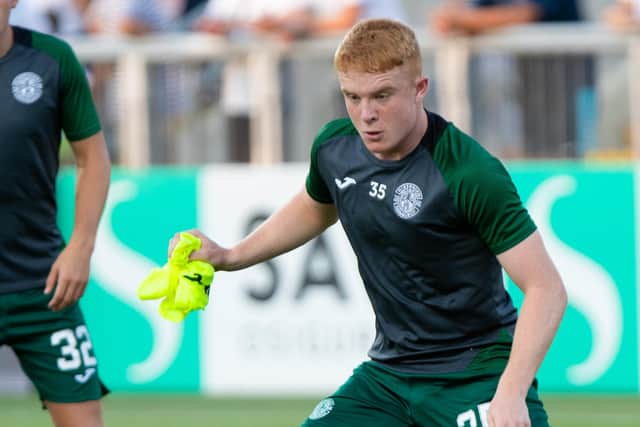 Jack Brydon takes part in a pre-match warm-up during Hibs' Europa Conference League clash with HNK Rijeka