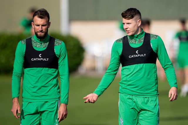 Christian Doidge (left) and Kevin Nisbet during training but will there be room in Hibs cup line-up for both? Photo by Paul Devlin/SNS Group