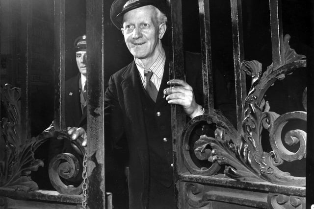Head Porter Thomas Watters closes the station gates for the final time on 6 September 1965.