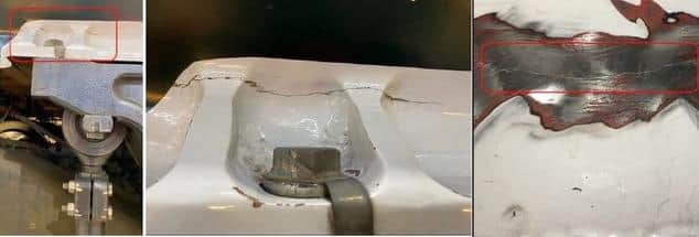 An image supplied by a rail industry source, described as "cracked suspension bolsters in the area of the yaw dampers"